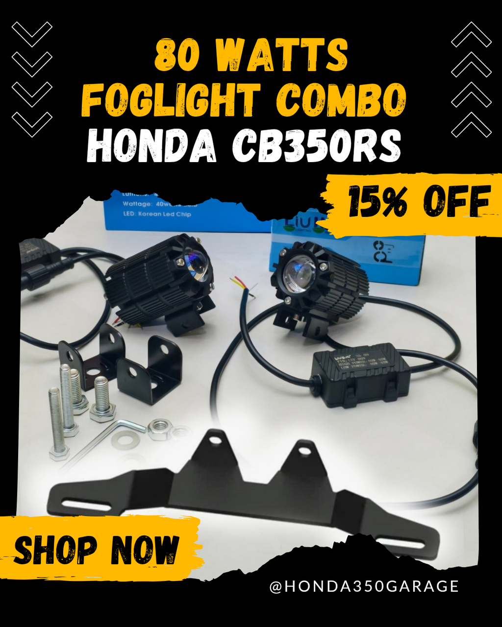 80 Watts Foglight Combo - HJG Mini Flash Drive + Headlight Mount - 1 Year Warranty